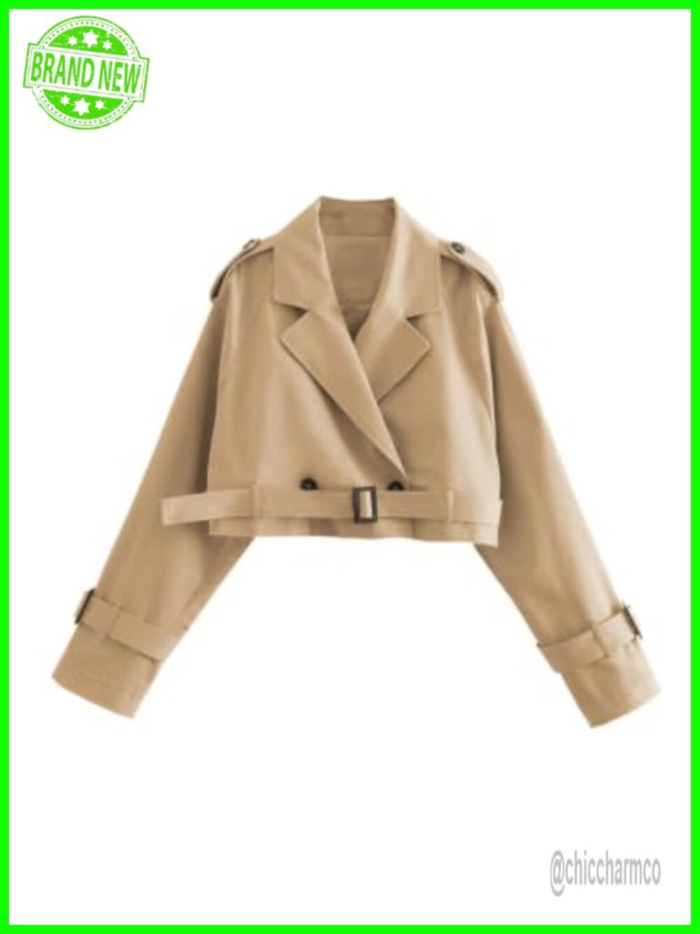 Women's Cropped Trench Coat Double Breasted Long Sleeve Jacket